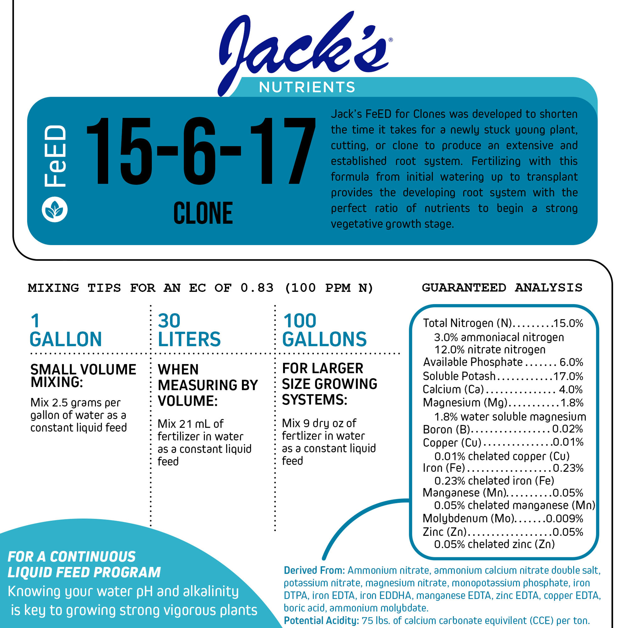Jack's Nutrients 15-6-17 Clone Water-Soluble Fertilizer for Fast Root Development and Extensive Root System Growth in Continuous Liquid Feed Programs, 2.2lbs