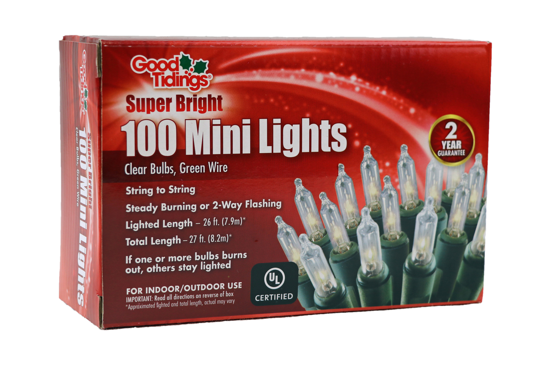 Good Tidings Indoor & Outdoor SuperBright Christmas Light Set, 100 Clear Mini Bulbs, 27'