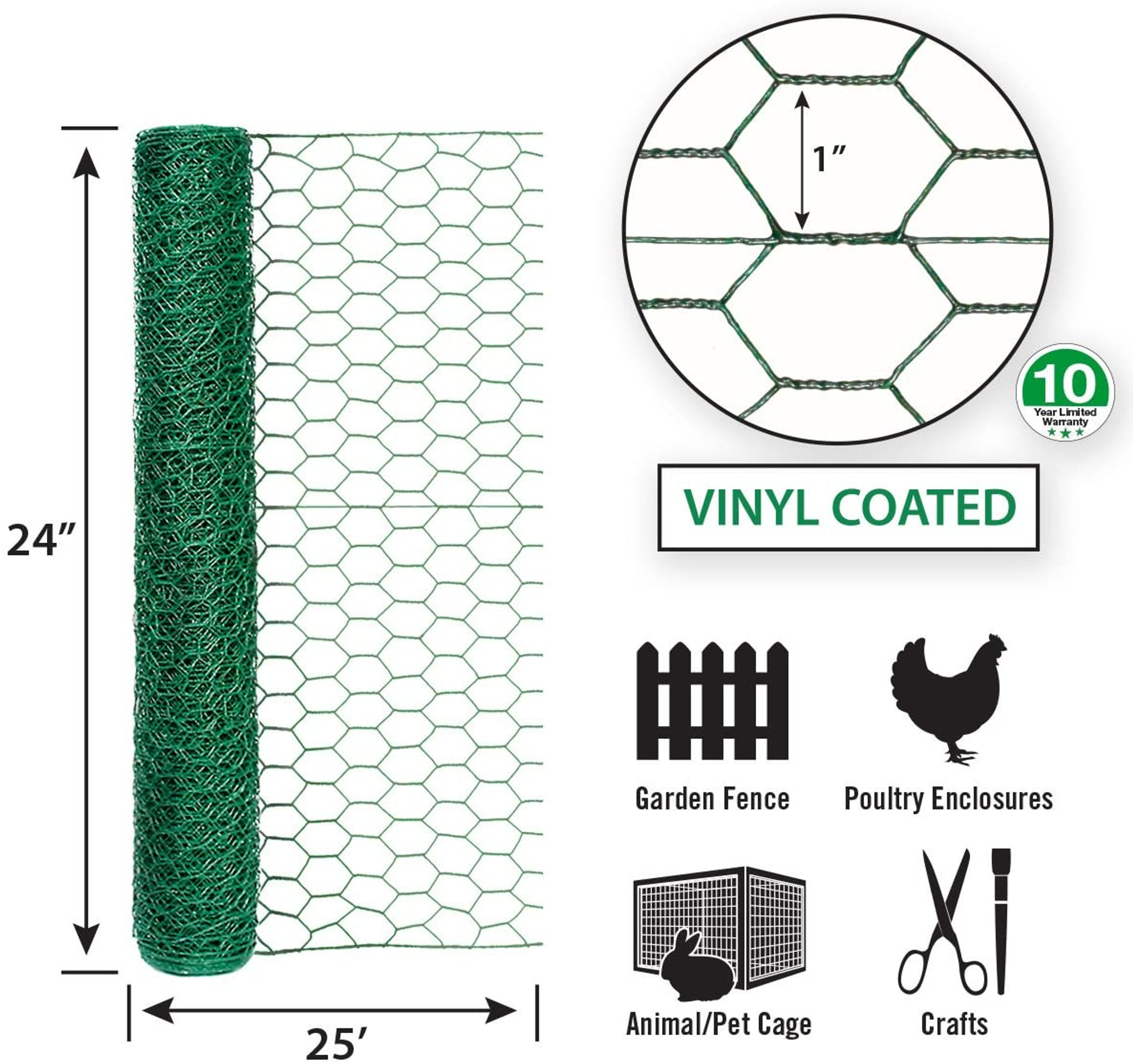 Garden Zone Poultry Netting 24" X 25' Steel Green Vinyl Coated