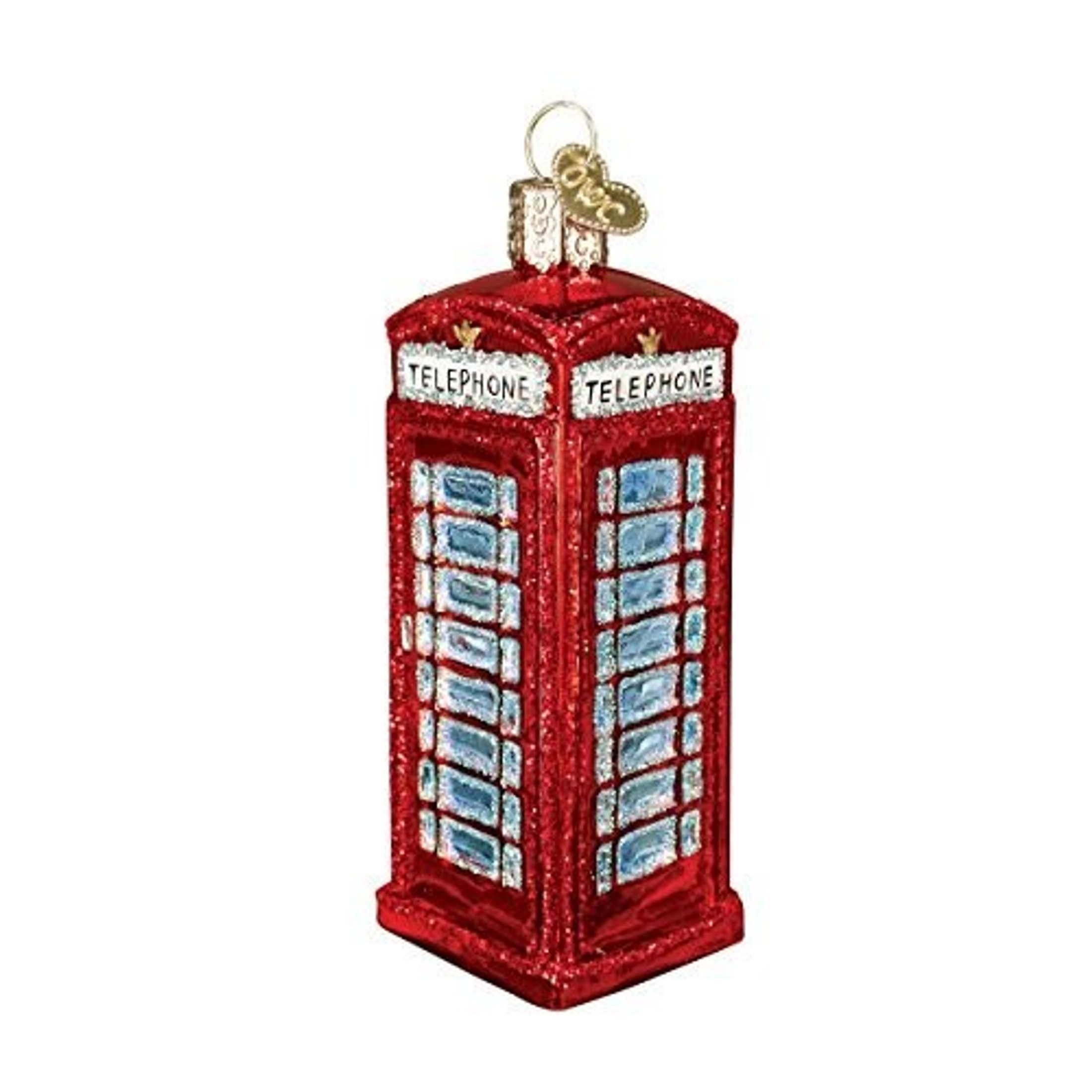 Old World Christmas Glass Blown Ornament, English Phone Booth (With OWC Gift Box)