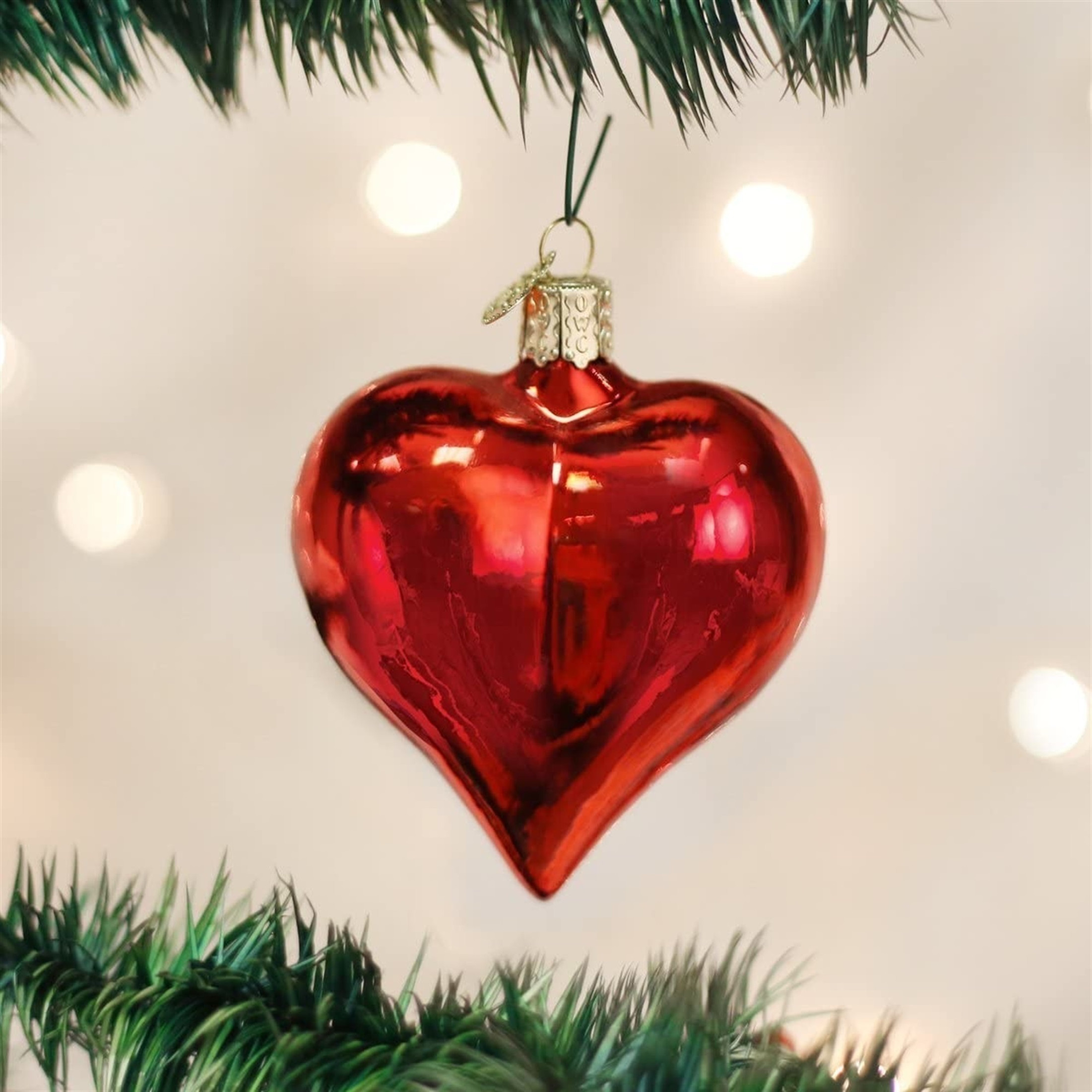 Old World Christmas Blown Glass Christmas Ornament, Shiny Red Heart (With OWC Gift Box)