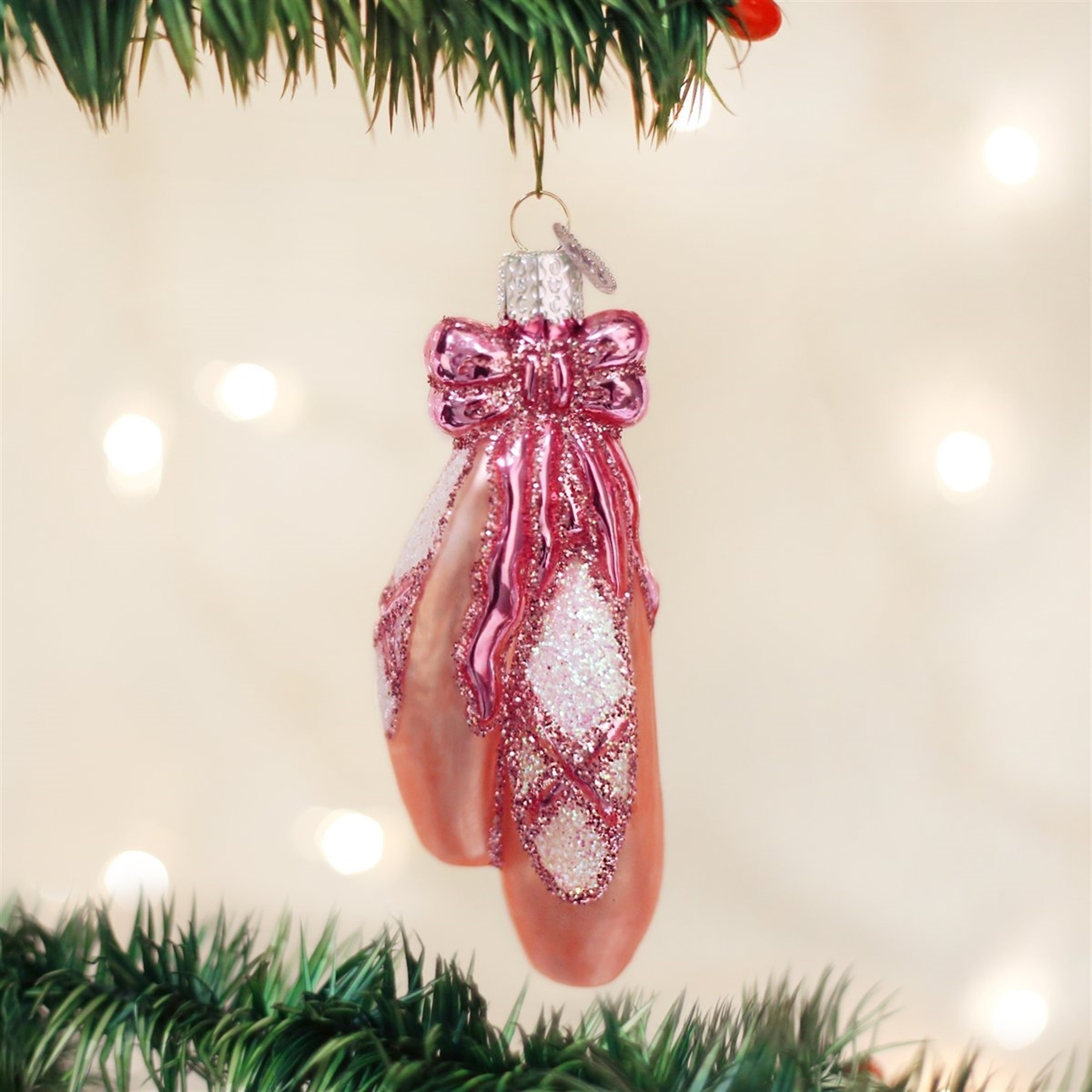 Old World Christmas Glass Blown Ornament, Ballet Toe Shoes, Pink, 4.25" (With OWC Gift Box)