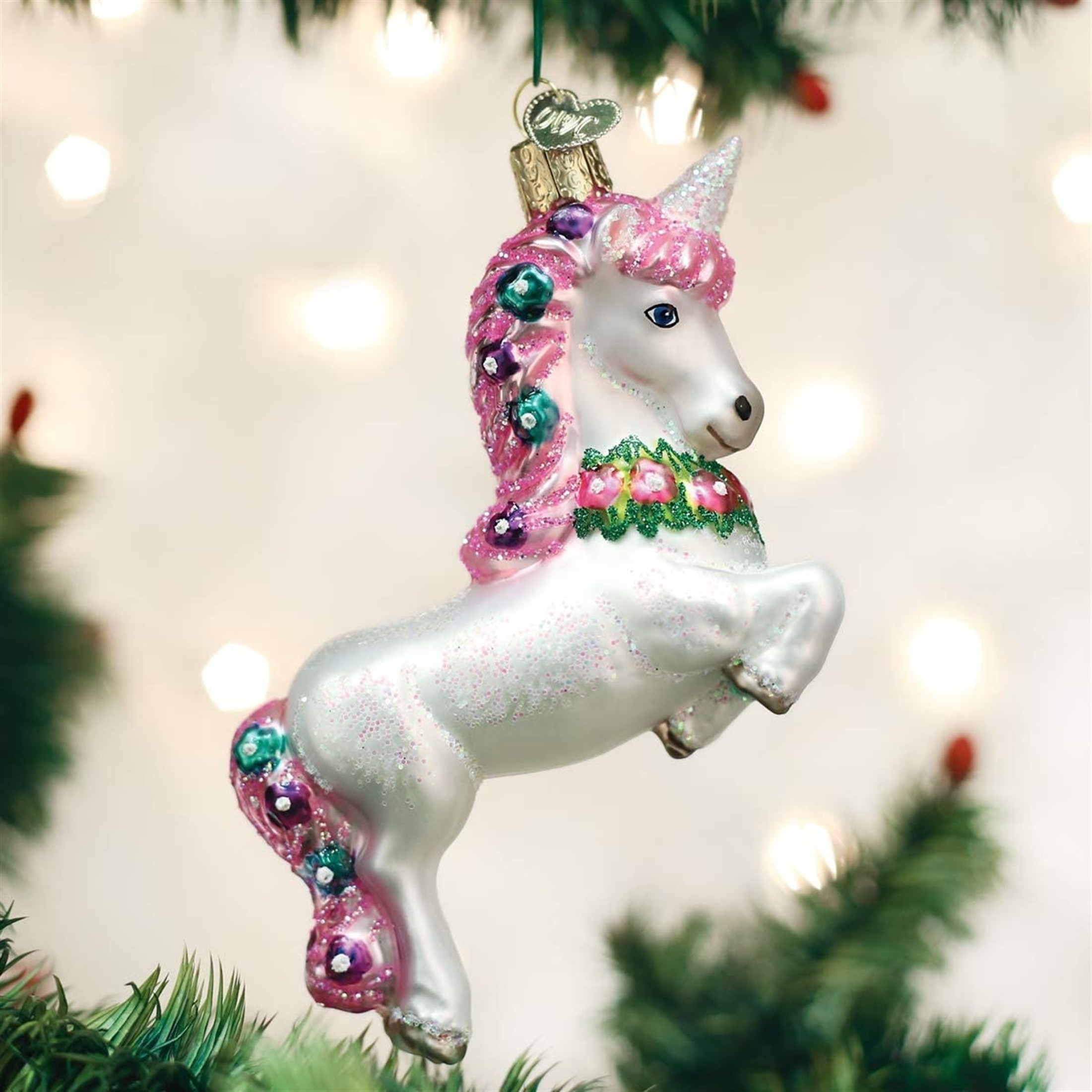 Old World Christmas Glass Blown Ornament, Prancing Unicorn (With OWC Gift Box)