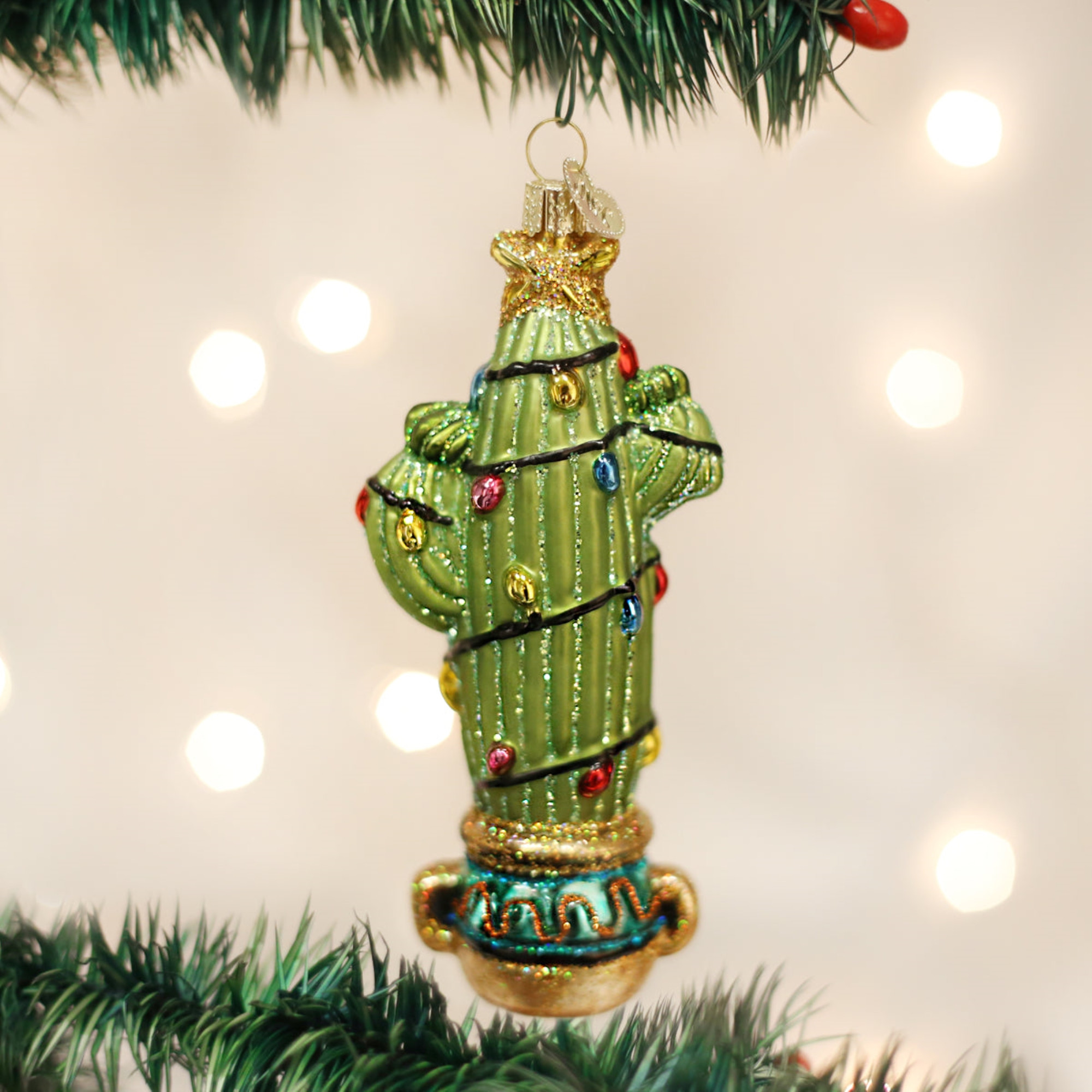 Old World Christmas Blown Glass Ornament for Christmas Tree, Cactus with Lights