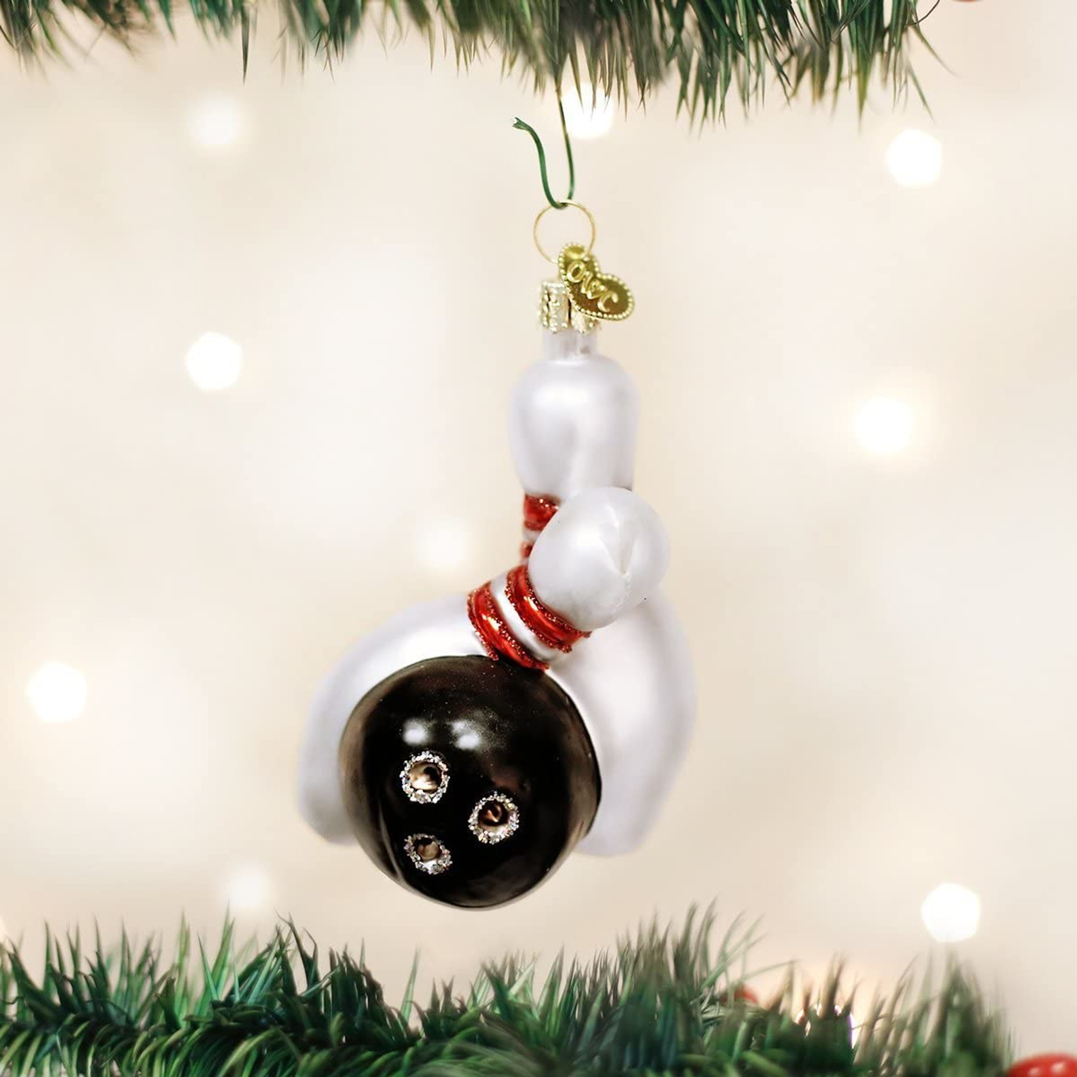 Old World Christmas Glass Blown Ornament, Bowling Ball & Pins (With OWC Gift Box)