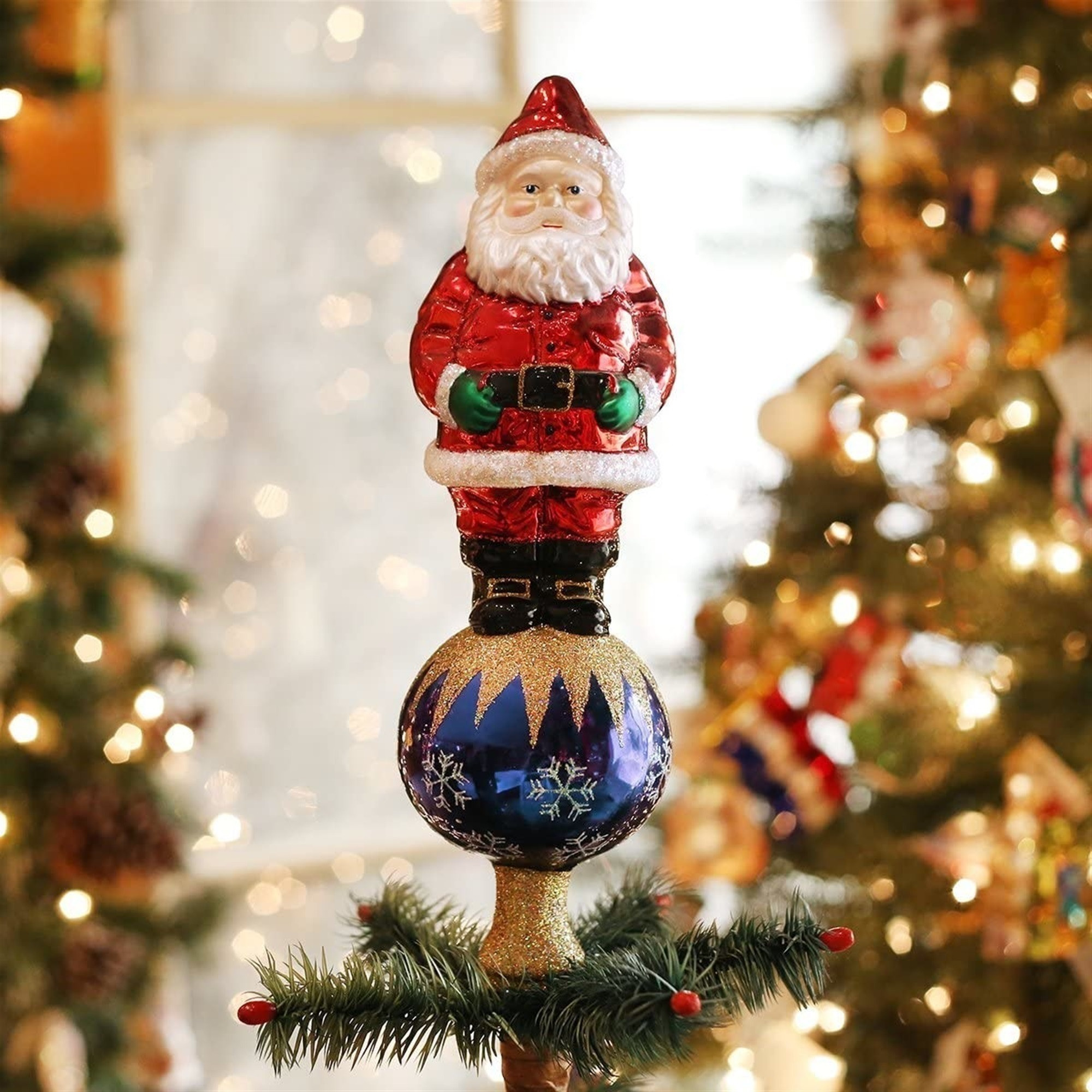 Old World Christmas Glass Tree Topper, Santa on World, 12in