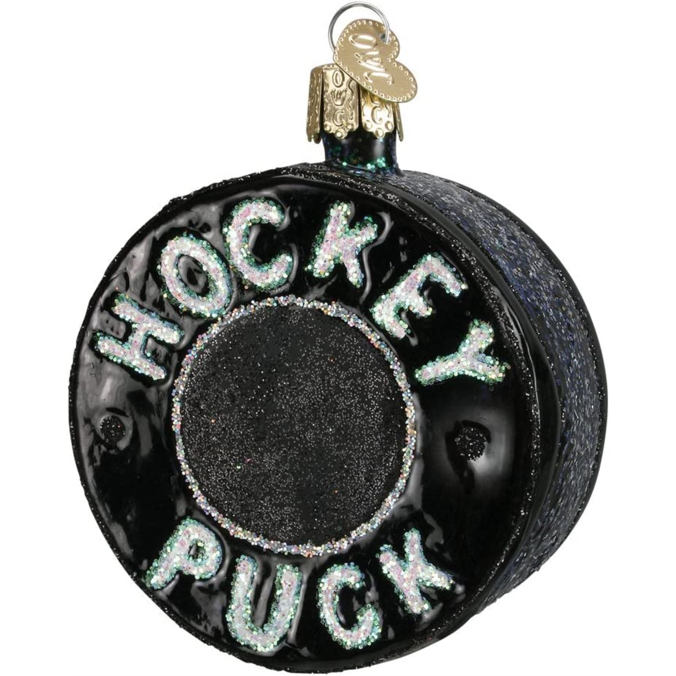 Old World Christmas Glass Blown Ornament, Hockey Puck (With OWC Gift Box)