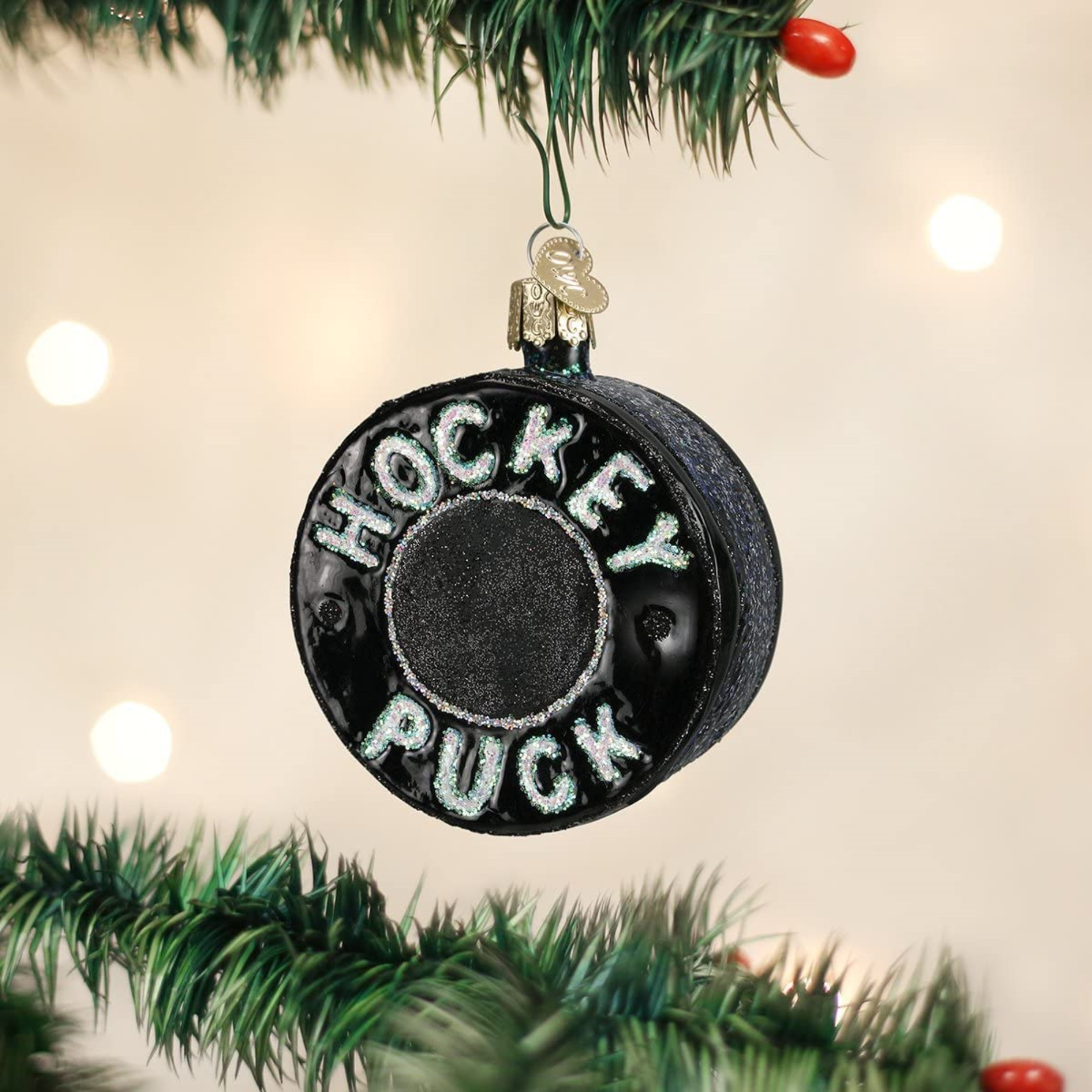 Old World Christmas Glass Blown Ornament, Hockey Puck (With OWC Gift Box)