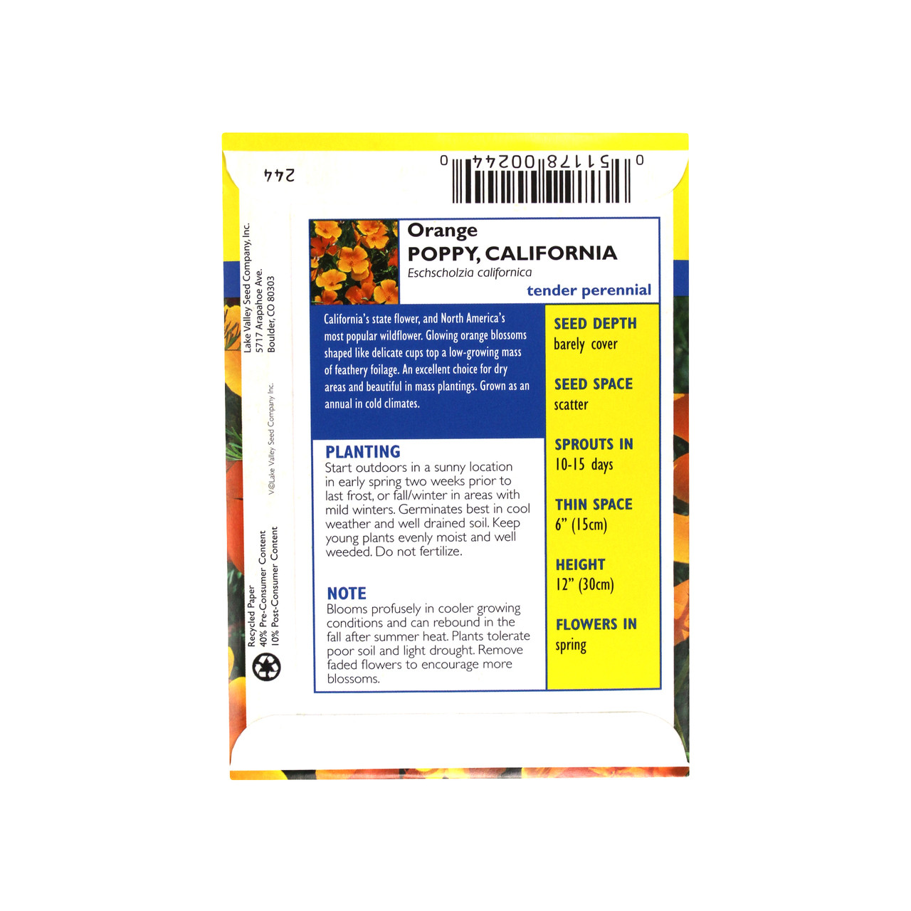 Lake Valley Seed Poppy California Orange Heirloom Flower