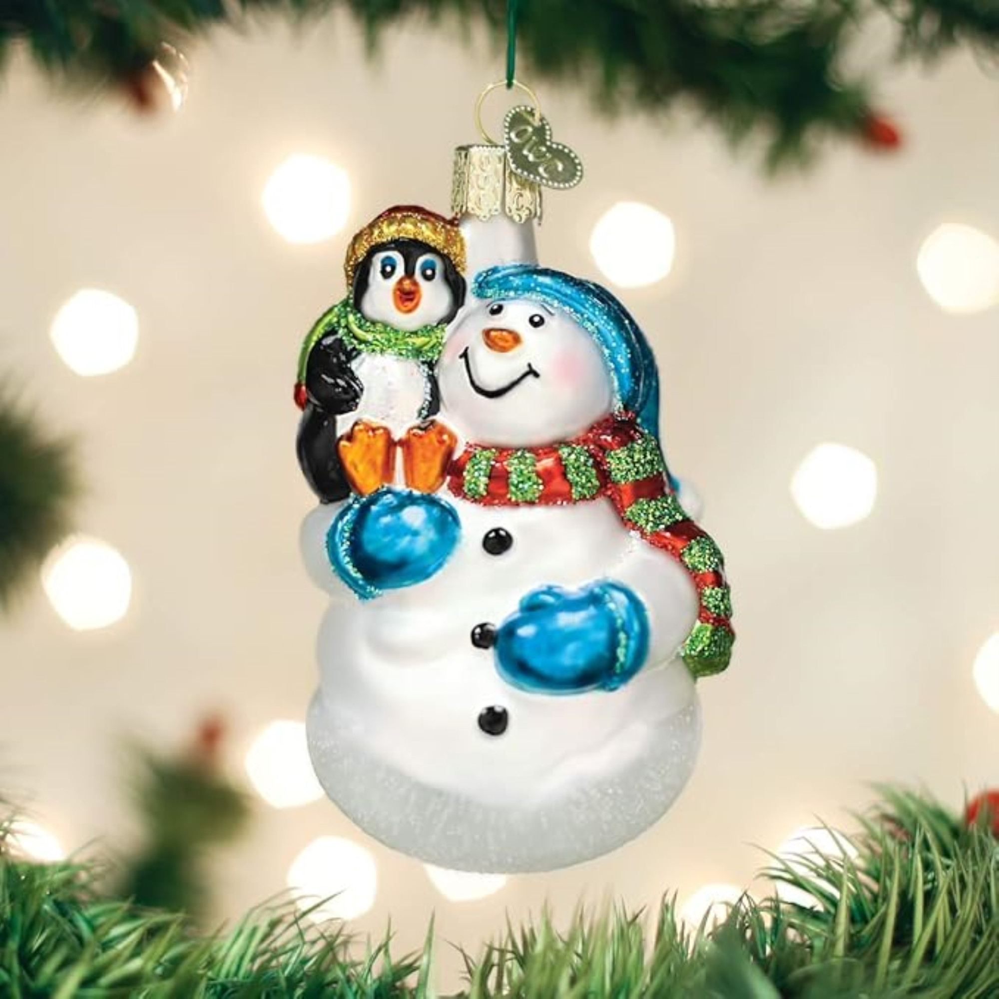 Old World Christmas Glass Blown Ornament for Christmas Tree, Snowman with Penguin Pal
