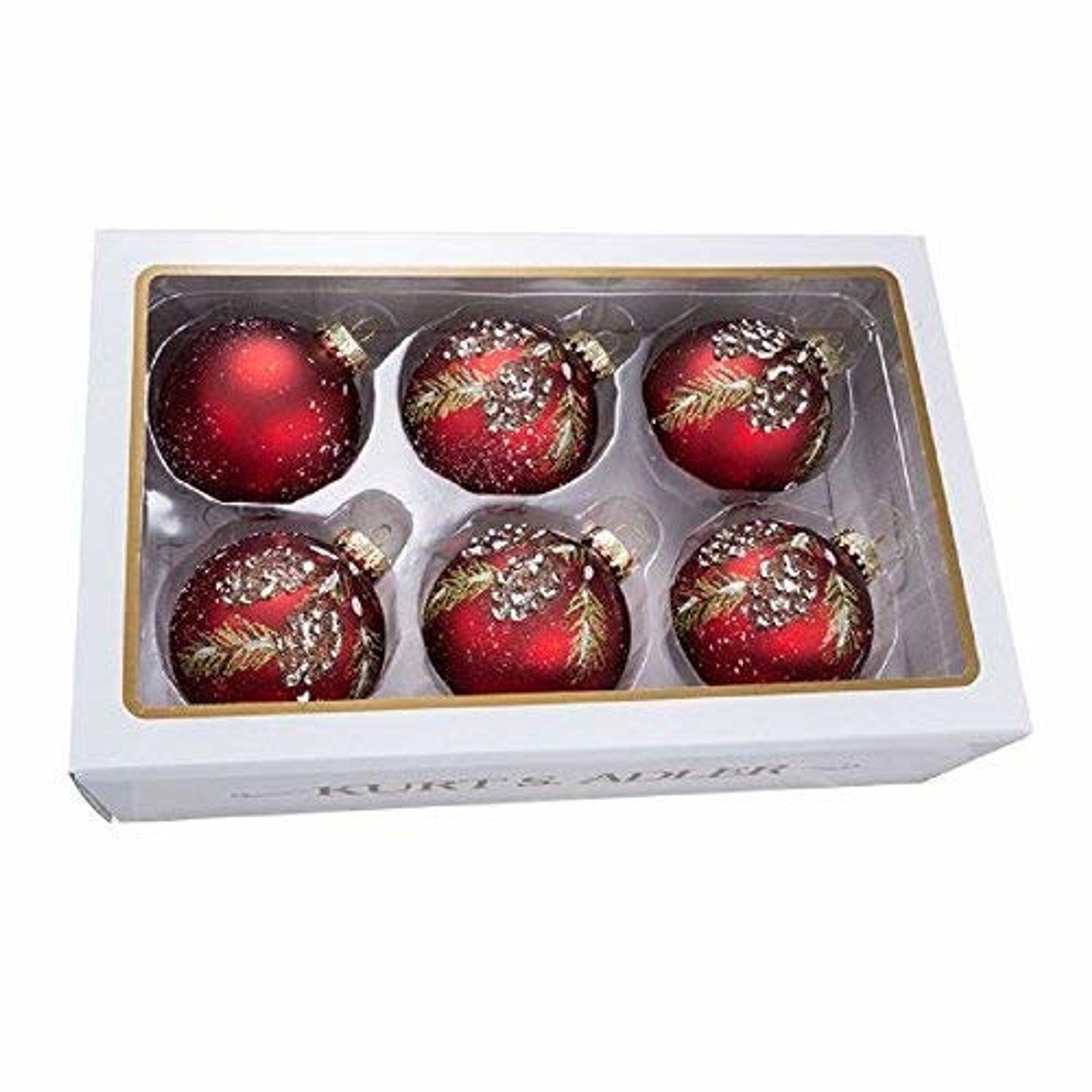 Kurt Adler Pinecone Glass Red Design Ball Decorative Hanging Ornaments 6 Piece Box Set