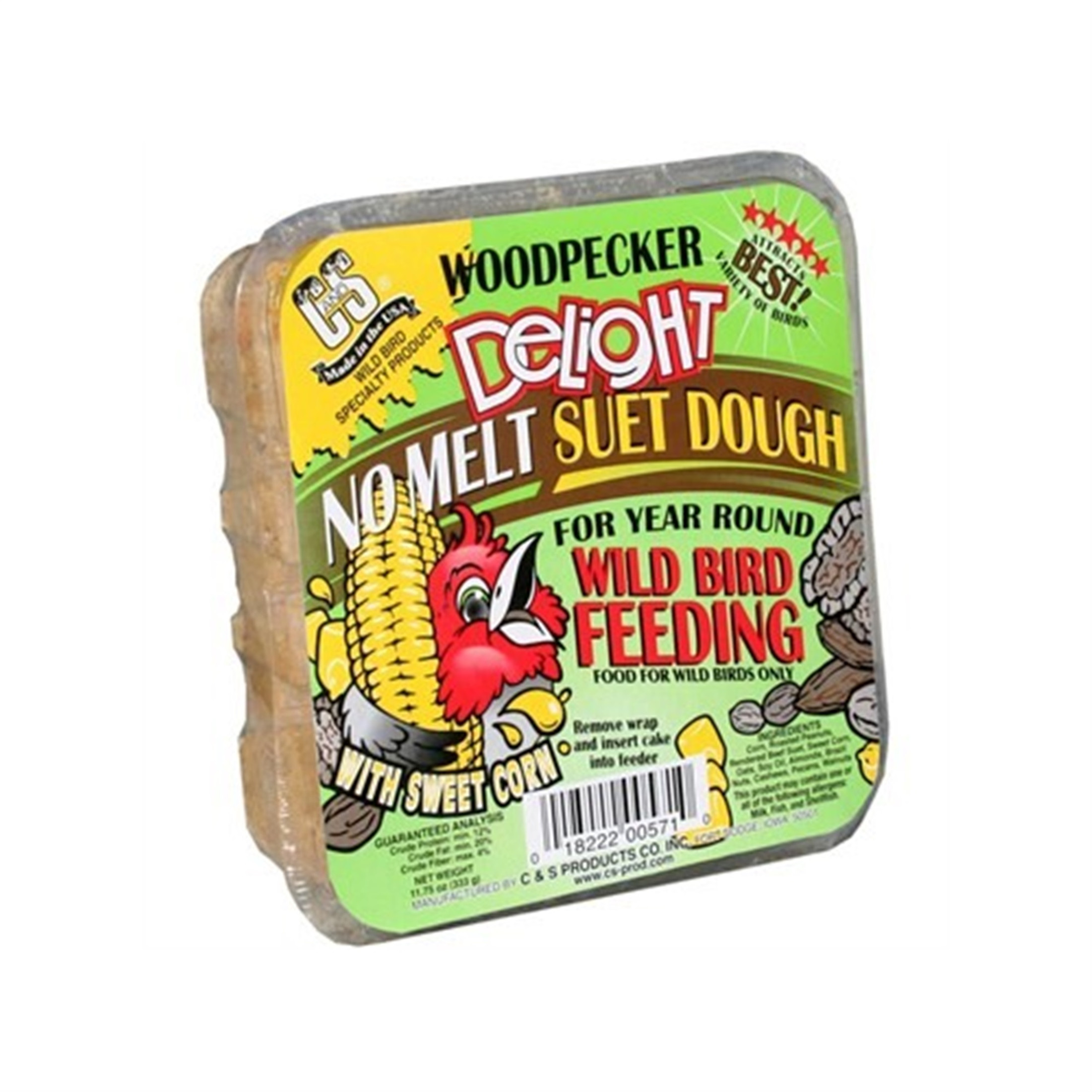 C & S Woodpecker Delight No-Melt Suet Dough for Year Round Wild Bird Feeding, 11.75 oz (1 Suet Cake)