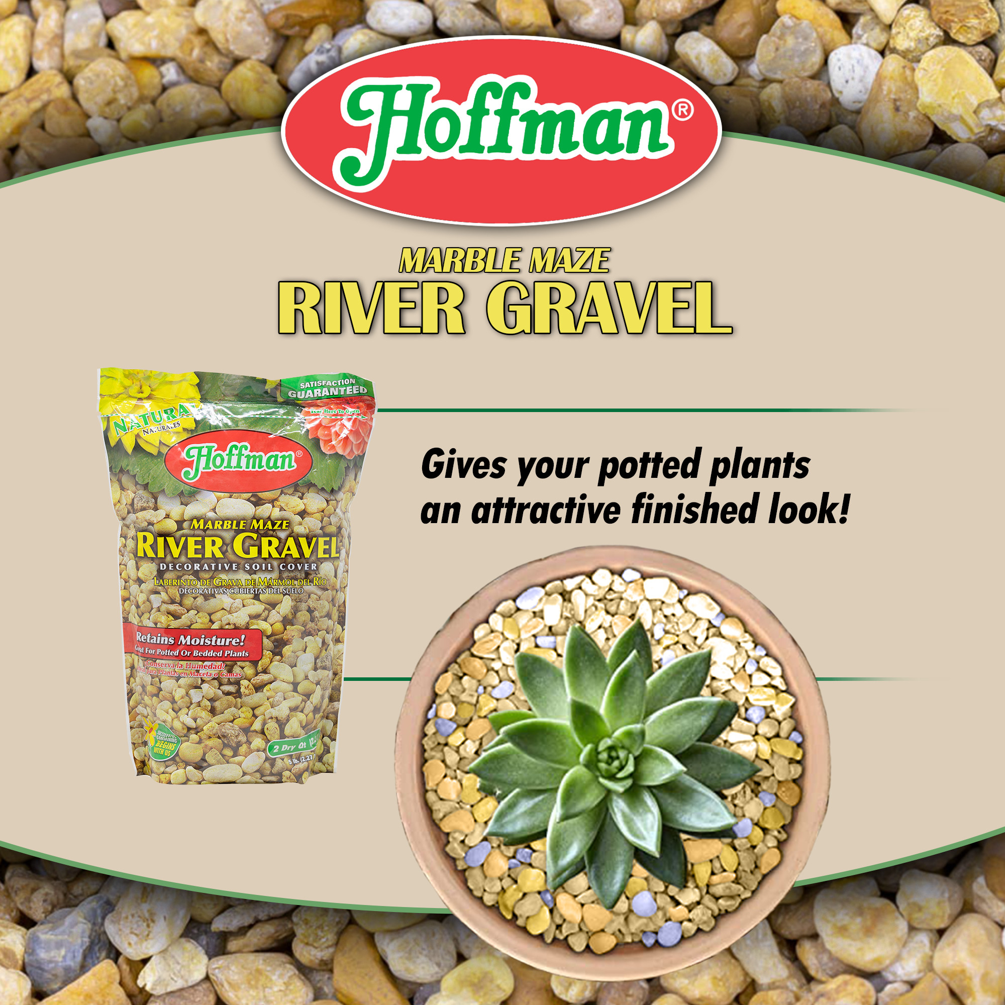 Hoffman Natural Marble Maze River Gravel Decorative Soil Cover for Potted or Bedded Plants, 2 Dry Quarts