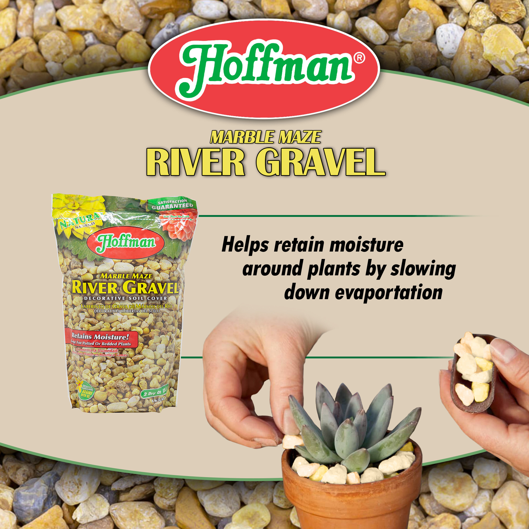 Hoffman Natural Marble Maze River Gravel Decorative Soil Cover for Potted or Bedded Plants, 2 Dry Quarts