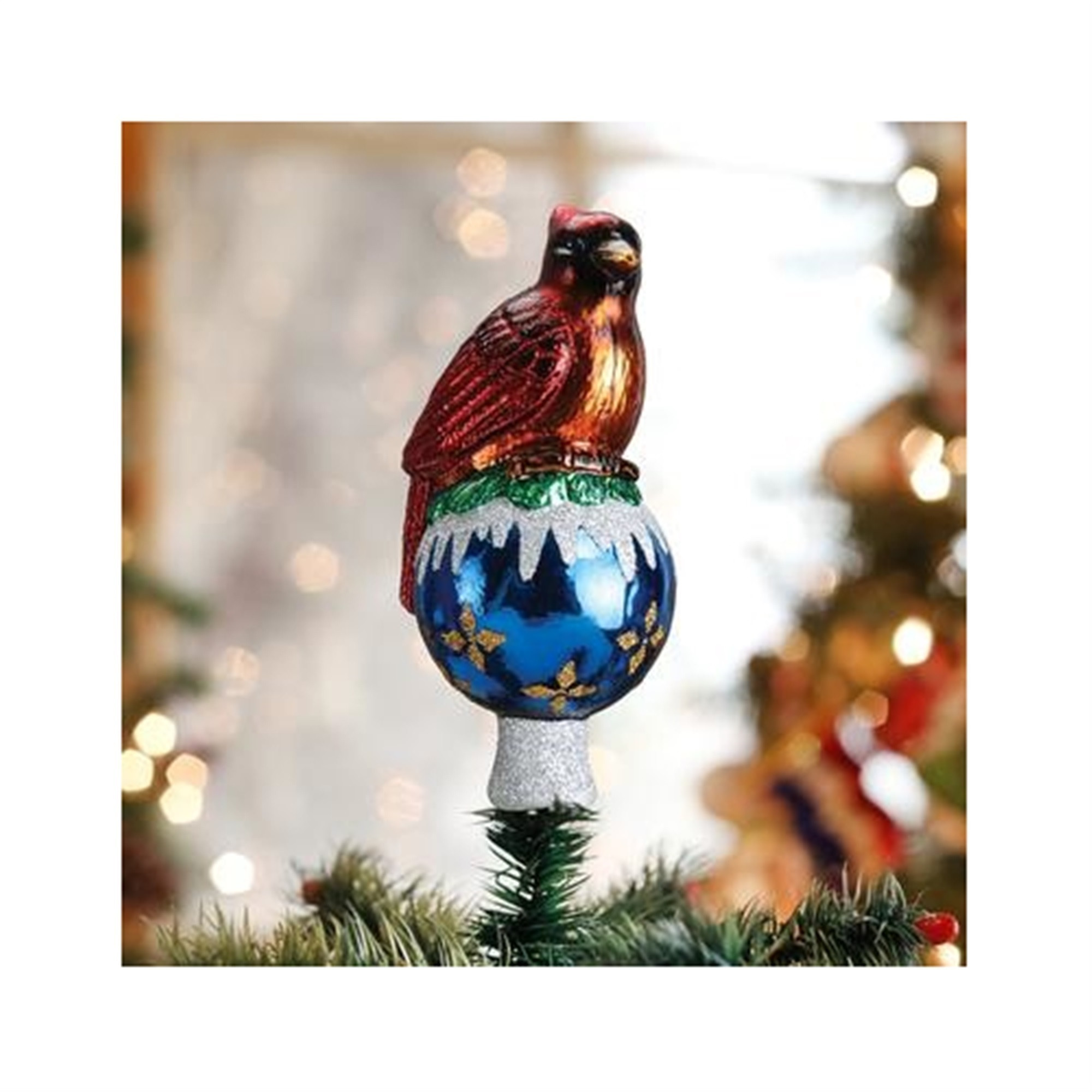 Old World Christmas Glass Tree Topper, Cardinal on World, 6.75in