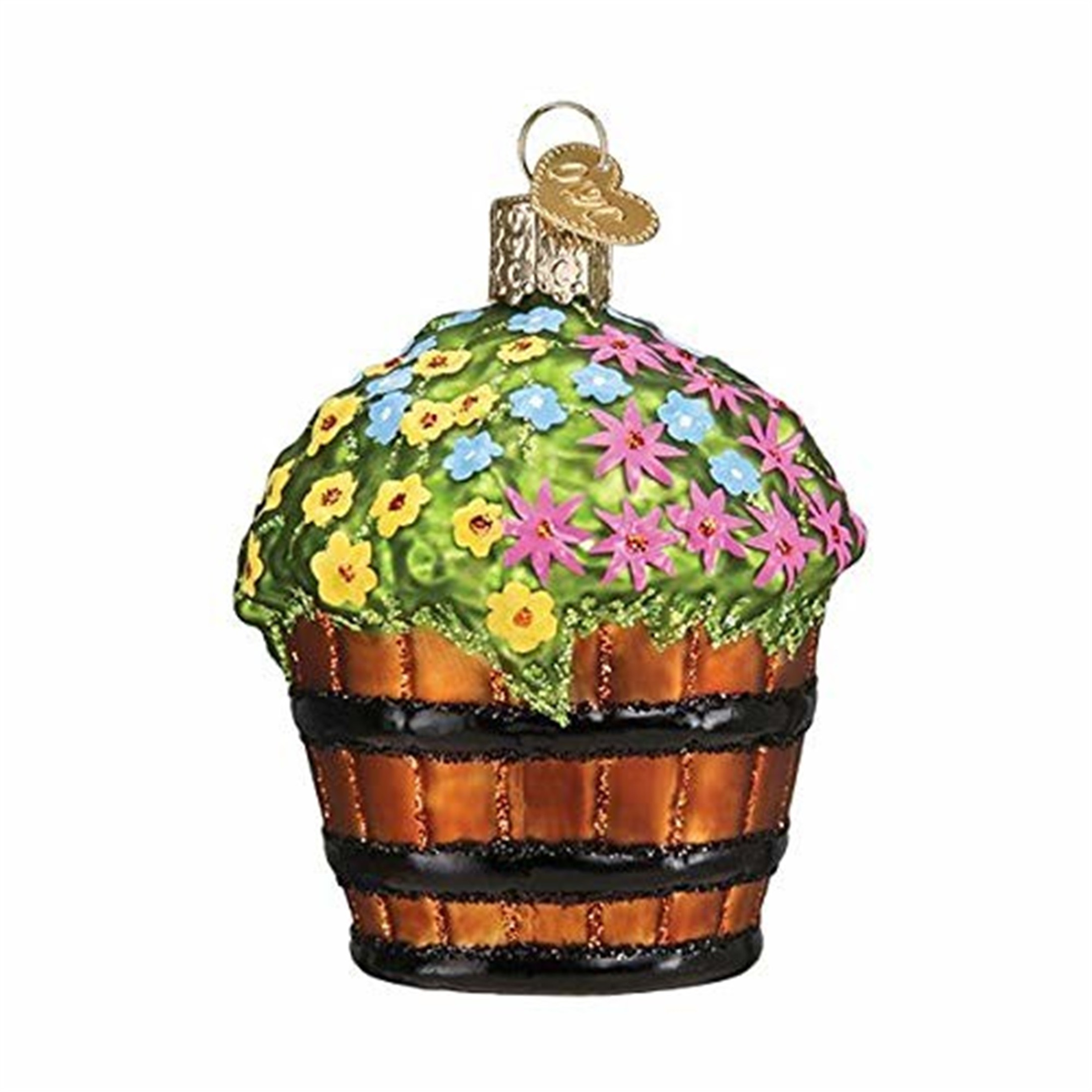 Old World Christmas Glass Blown Ornament, Whiskey Barrel With Flowers (With OWC Gift Box)