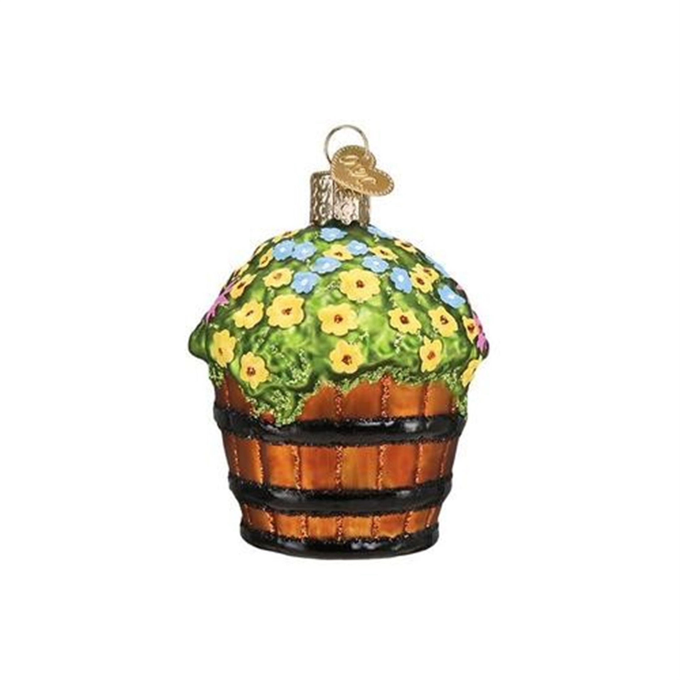 Old World Christmas Glass Blown Ornament, Whiskey Barrel With Flowers (With OWC Gift Box)