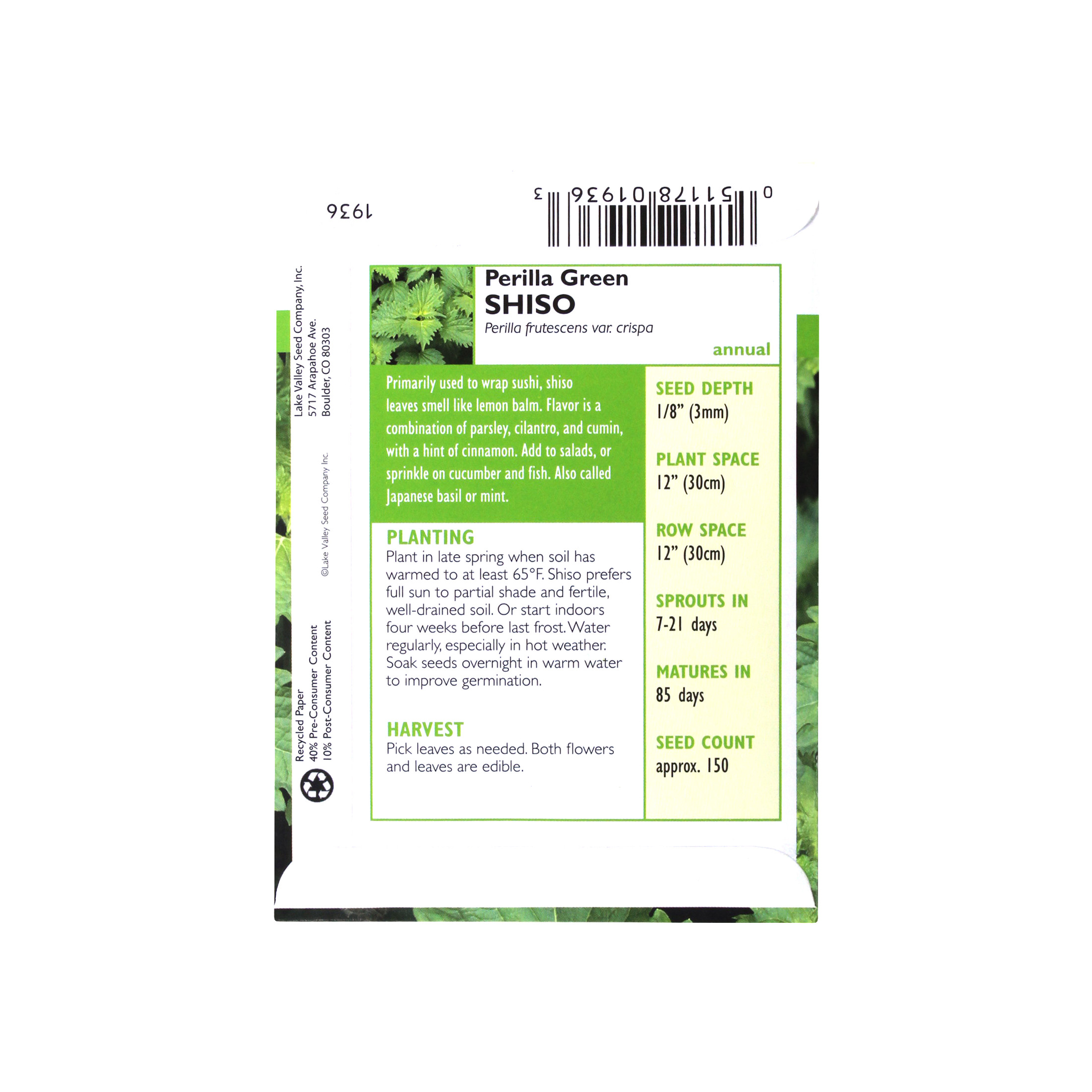 Lake Valley Seed Shiso Perilla Green Heirloom Culinary Plant, 0.20g