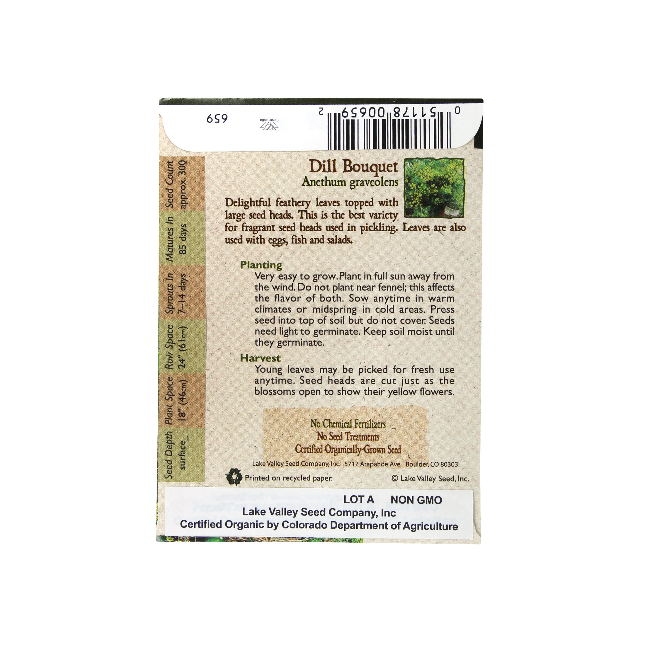 Lake Valley Seed Dill Organic Bouquet Heirloom Herb Seeds, 0.50g