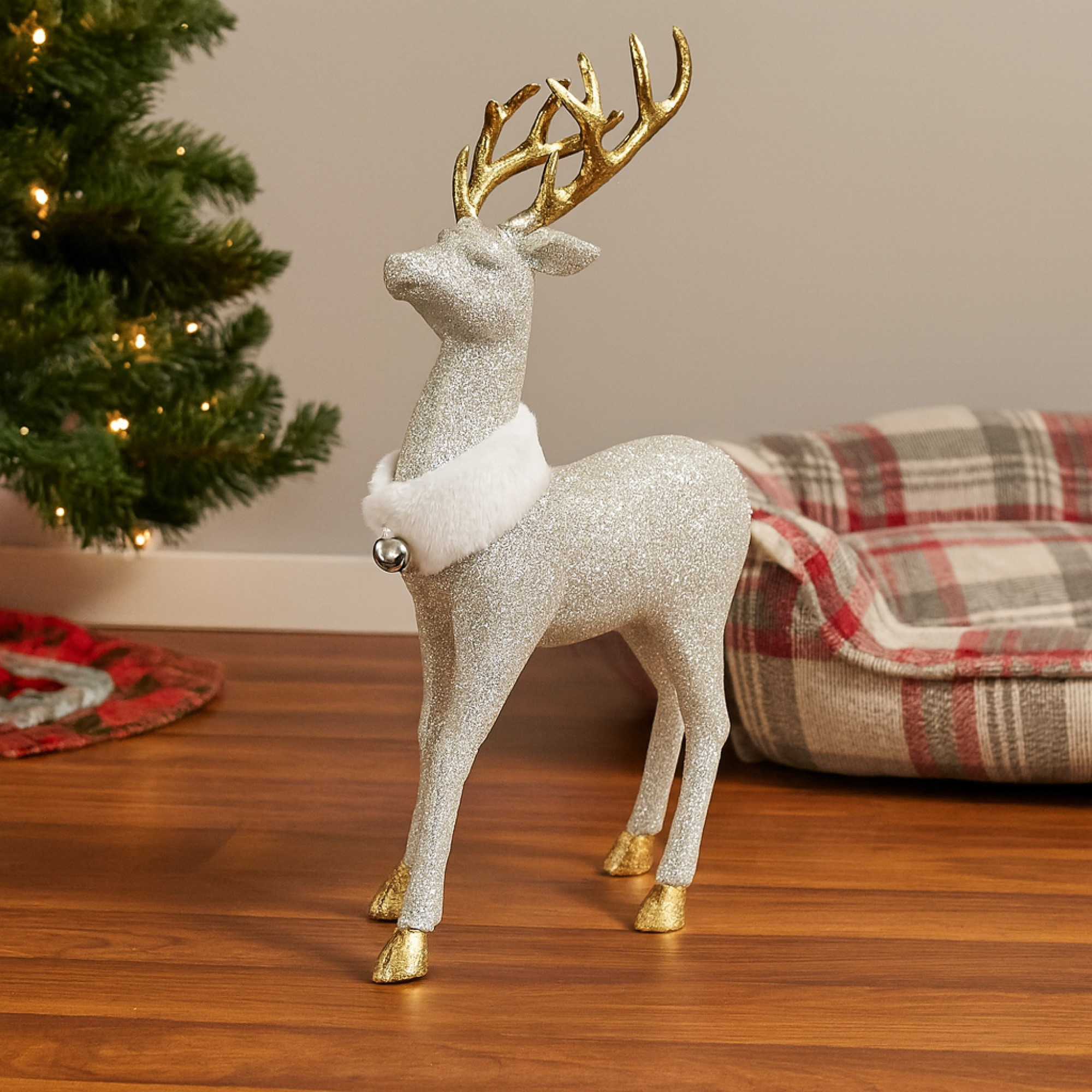 Kurt Adler Champagne and Gold Glitter Deer with White Faux Fur Collar, 13-Inch