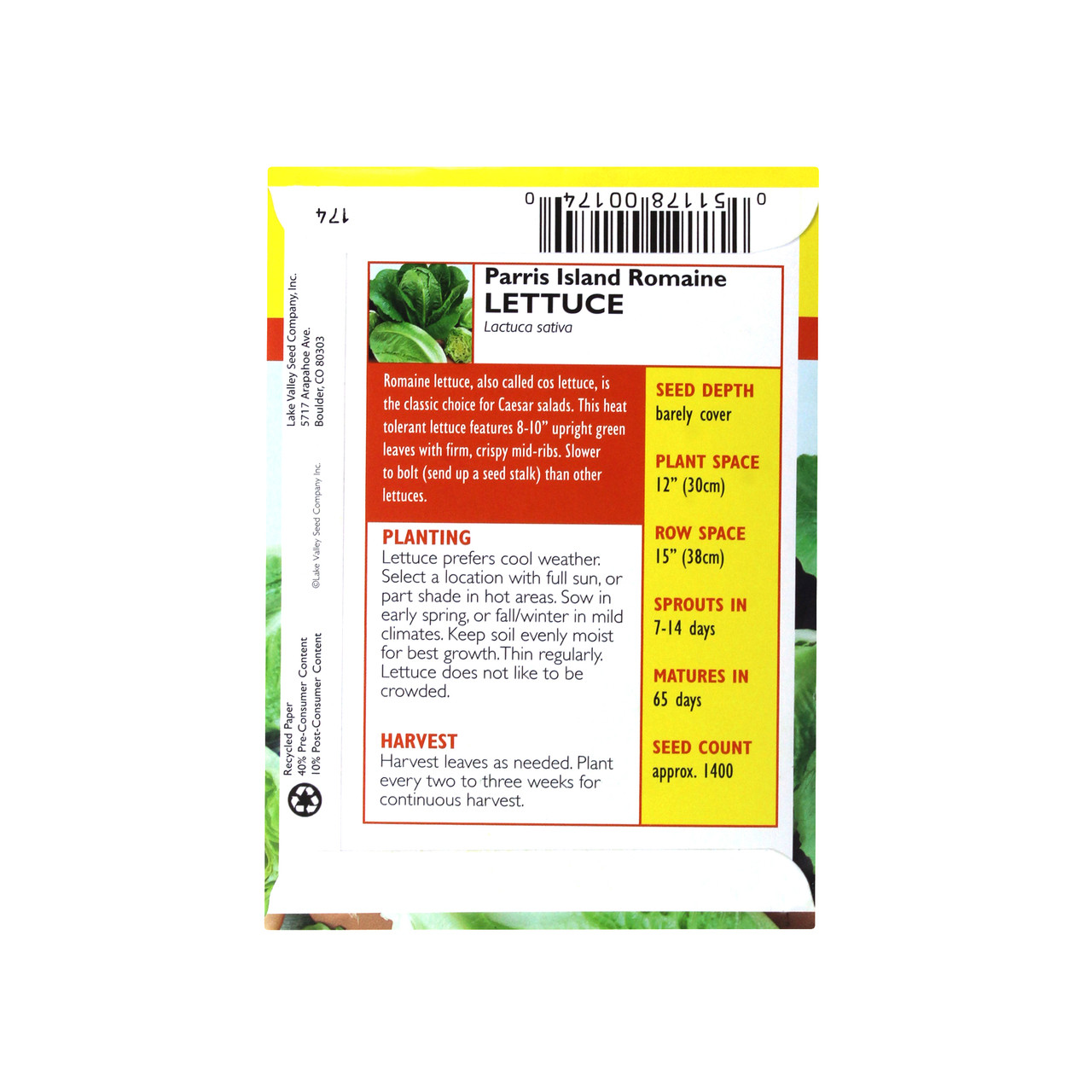 Lake Valley Seed Lettuce Romaine Parris Island Heirloom Vegetable Seeds