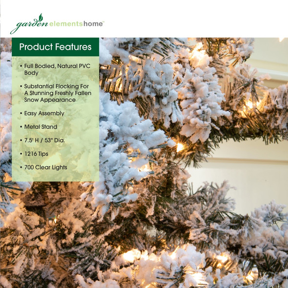 Garden Elements Artificial Pre-Lit White Flocked Steamboat Pine Christmas Tree, 1216 Tips, 700 Clear Lights, 7.5 ft