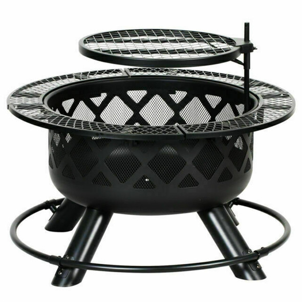 Big Horn Circular Steel Ranch Fire with Table Sides, and Grill Top, Black, 24”