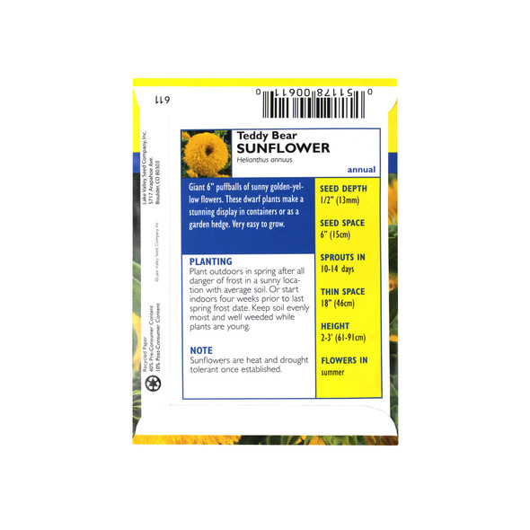Lake Valley Seed Sunflower, Teddy Bear Heirloom, 1g