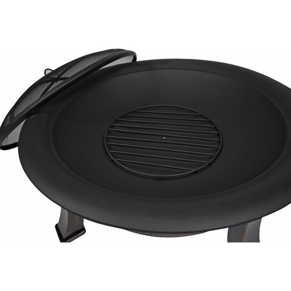 Four Seasons Courtyard Steel Wood-Burning Fire Pit w/ Mesh Screen Cover and Poker, Black 30"