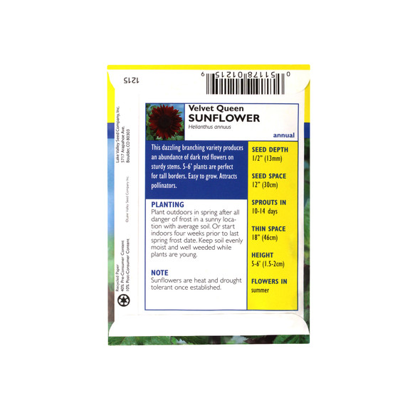 Lake Valley Seed Sunflower Velvet Queen Flower, 2g
