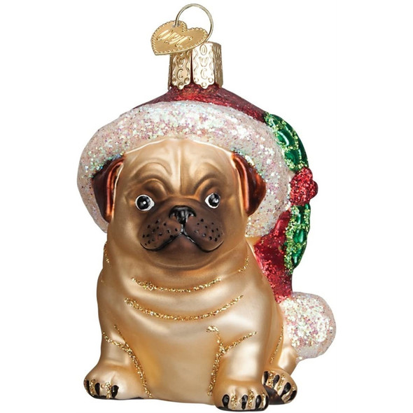 Old World Christmas Blown Glass Ornament for Christmas Tree, Holly Hat Pug