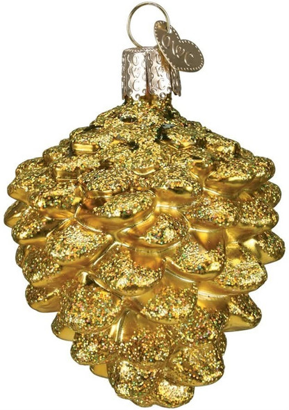Old World Christmas Glass Blown Ornament, Small Gold Pine Cone (With OWC Gift Box)