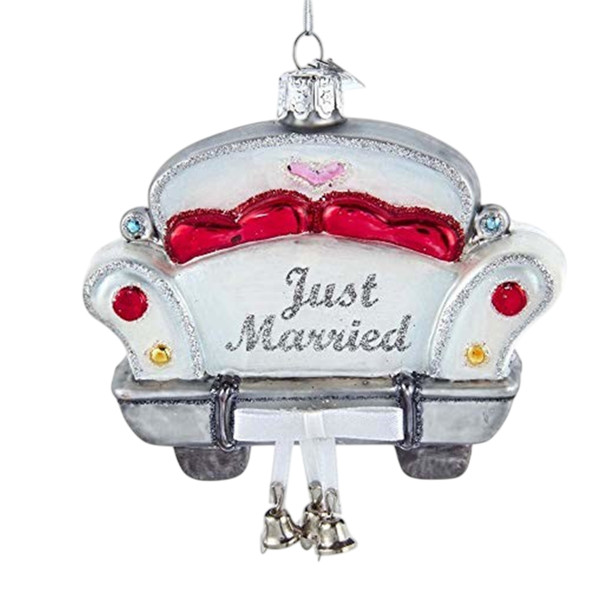 Kurt Adler Noble Gems Glass Ornament for Christmas Tree, Just Married Car with Bells
