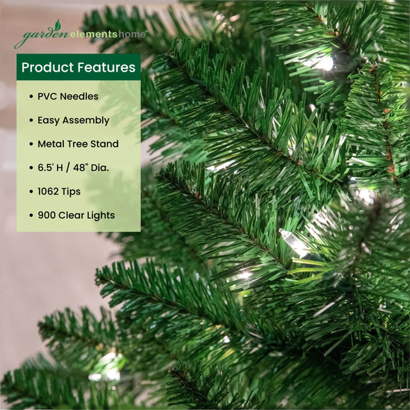 Garden Elements Artificial Pre-Lit Pennsylvania Spruce Christmas Tree, 1062 Tips, 900 Clear Lights, 6.5 ft