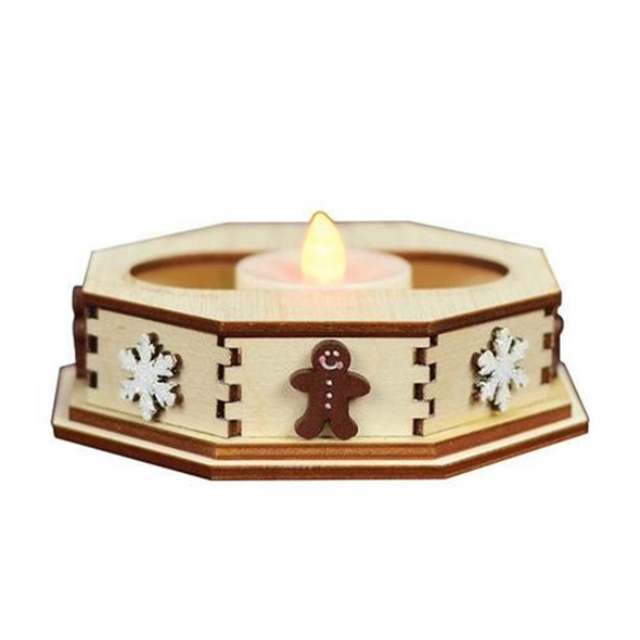 Old World Christmas Ginger Cottages Snowflake Tealight Display — Wooden Snowflake Stand with Battery Tea Light, 4.25"