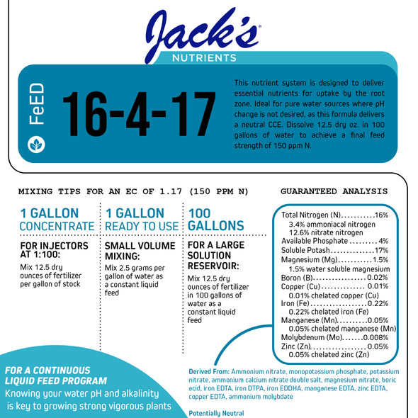 Jack's Nutrients 16-4-17 Hydroponic Fertilizer for Vegetative Growth in Continuous Liquid Feed Programs, 25lbs