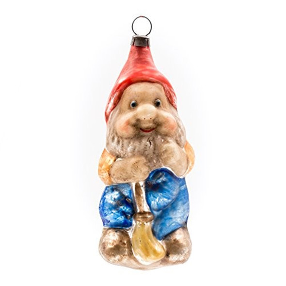 Marolin Manufaktur Vintage Mouthblown Christmas Glass Ornament, Dwarf with Broom