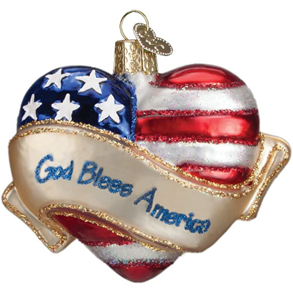 Old World Christmas Blown Glass Ornament for Christmas Tree, God Bless America Heart Old World Christmas Blown Glass Ornament for Christmas Tree, God Bless America Heart