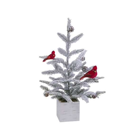 Gerson Flocked Tabletop Christmas Tree in Wooden Planter with Cardinal and Pinecone Accents, 18”
