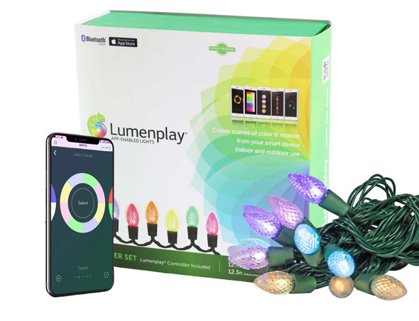 Lumenplay Starter Set, 12 RGB UL LED String Lights, App Controlled, Various Colors, Green Wire, 12.5'