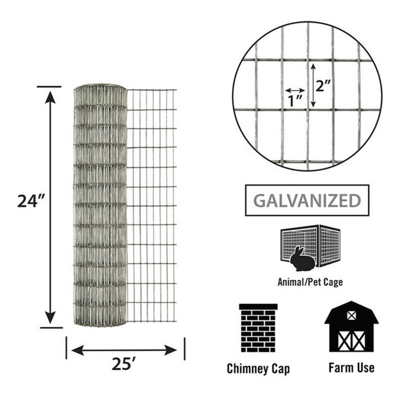 Garden Zone 1 x 2 Inch Mesh 14-Gauge Galvanized Wire Fence, 24" x 25'