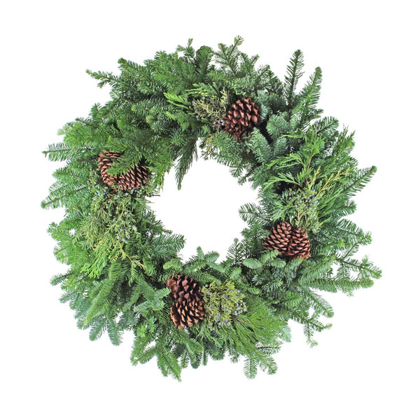 Garden Elements Handmade Fresh Holiday Evergreen Wreath – Mixed Noble Greens with Pinecone Accents, 30"