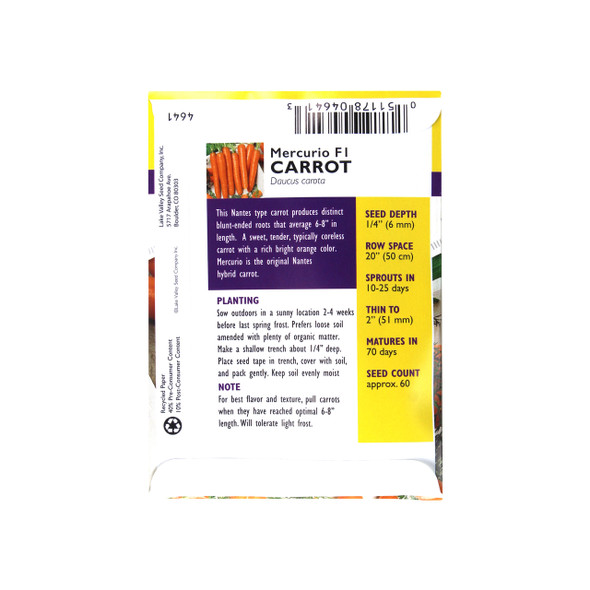 Lake Valley Seed Mercurio F1 Carrot w/ 2m Seed Tape