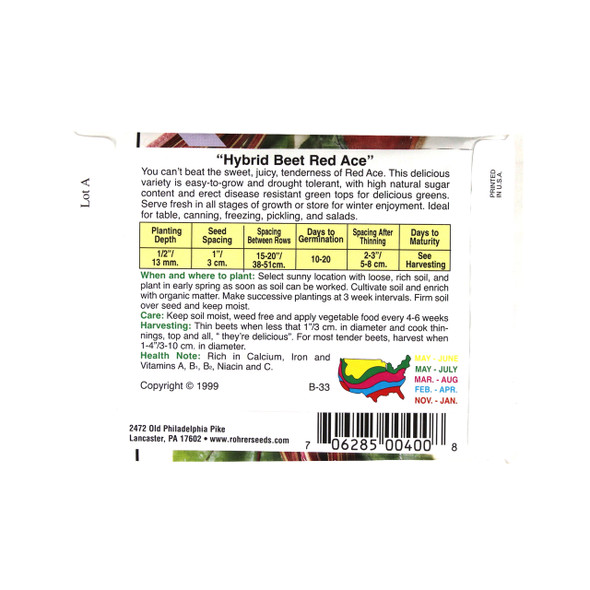 Rohrer Seeds Beet, Red Ace Hybrid, 2.5g, Approx 100 Seeds/Packet