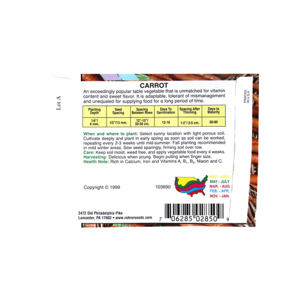 Rohrer Seeds Carrot, Tendersweet Heirloom, 2.5g, Approx 2000 Seeds/Packet