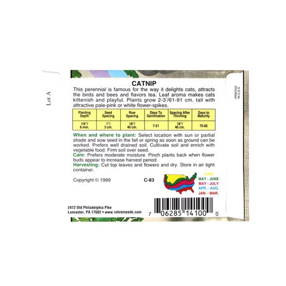 Rohrer Seeds Catnip, Herb Heirloom, 0.5g, Approx 800 Seeds/Packet