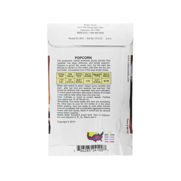 Rohrer Seeds Snow Puff Hybrid Popcorn, 2oz Packet, Plants 100ft