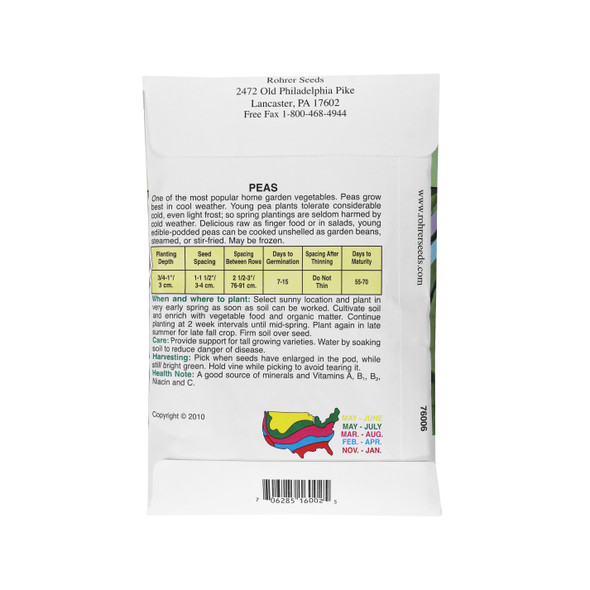 Rohrer Seed Sugar Peas, Dwarf White Blossom, 0.5lb Packet, Plants 50ft Row