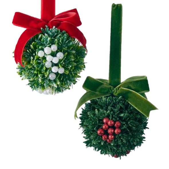 Kurt Adler Christmas Kisses Hanging Mistletoe Balls, Green White/Red (Set of 2 Assorted)