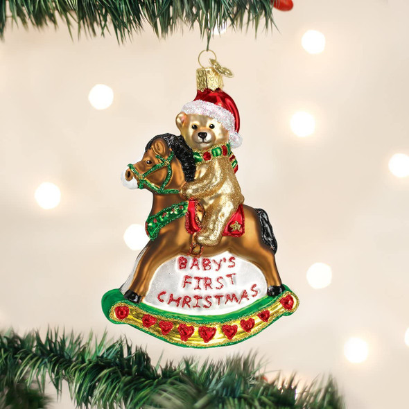 Old World Christmas Glass Blown Ornament, Baby's First Christmas Rocking Horse, 5" (With OWC Gift Box)
